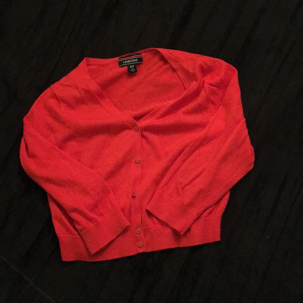 Bright red/orange Lands’ End cropped 3/4 cardigan